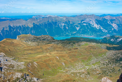 Panorama view of Brienzersee lake alongside Schynige Platte-First hiking track in Switzerland photo