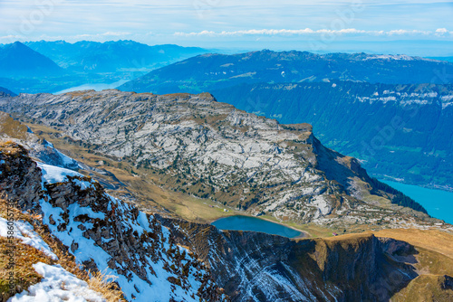 Panorama view of Brienzersee lake alongside Schynige Platte-First hiking track in Switzerland photo