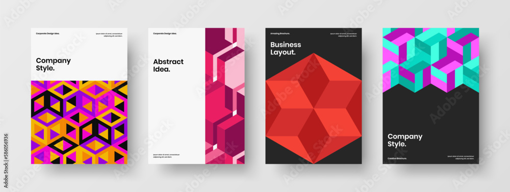 Isolated company cover A4 vector design template collection. Colorful geometric shapes corporate brochure illustration set.