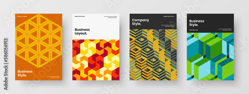 Colorful brochure design vector concept set. Bright mosaic pattern handbill template collection.