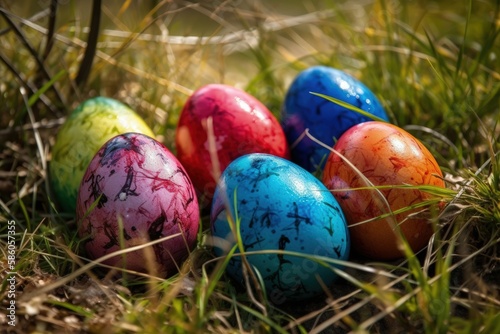 Illustration of colorful Easter eggs nestled in the green grass created with Generative AI technology