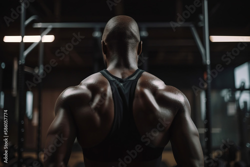 Bald black male athlete in gym, rear view of muscular sweaty bodybuilder at training indoors. Generative AI