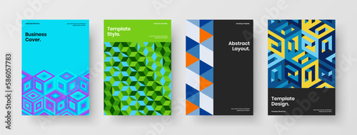 Simple mosaic shapes booklet concept composition. Vivid placard design vector illustration bundle.