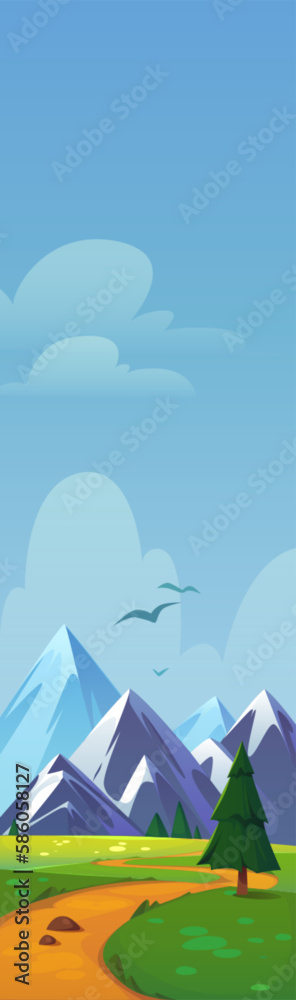 Cartoon mountain road and pine trees. Vector illustration of scenic natural landscape with path way at bottom of high rock, evergreen spruce forest near peaks, bird flying in blue sky. Vertical Cartoon mountain road and pine trees. Vector illustration of scenic natural landscape with path way at bottom of high rock, evergreen spruce forest near peaks, bird flying in blue sky. Vertical