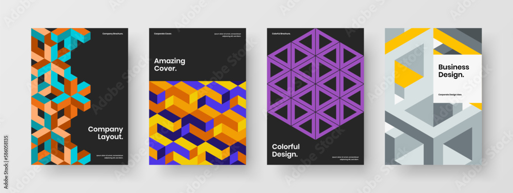 Bright poster design vector illustration collection. Multicolored mosaic tiles brochure layout composition.