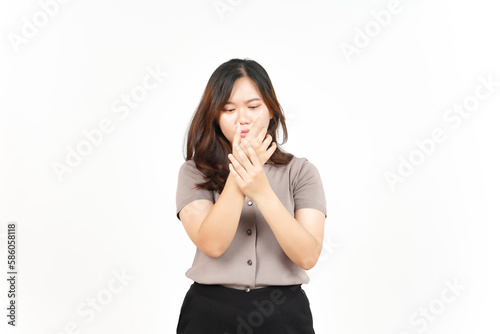 Suffering pain on hands Of Beautiful Asian Woman Isolated On White Background