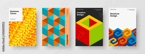 Vivid mosaic pattern corporate brochure illustration bundle. Bright flyer vector design concept set.