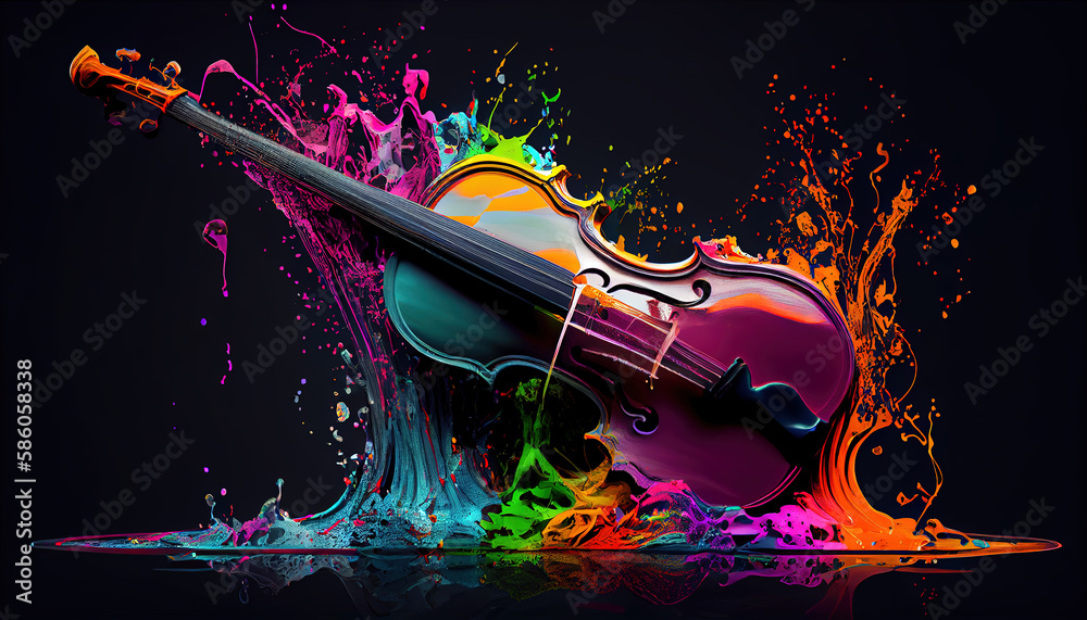 A Vibrant Colored Violin in Watercolor Oil Painting Splashing on Colorful Musical Design on Dark Background AI Generative