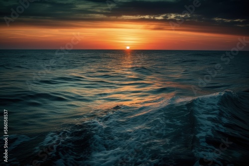 boat sailing into the sunset over the ocean created with Generative AI technology © AkuAku