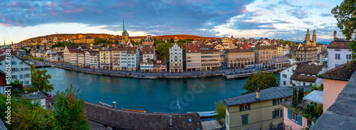 Sunset panorama view of Swiss town Zurich photo