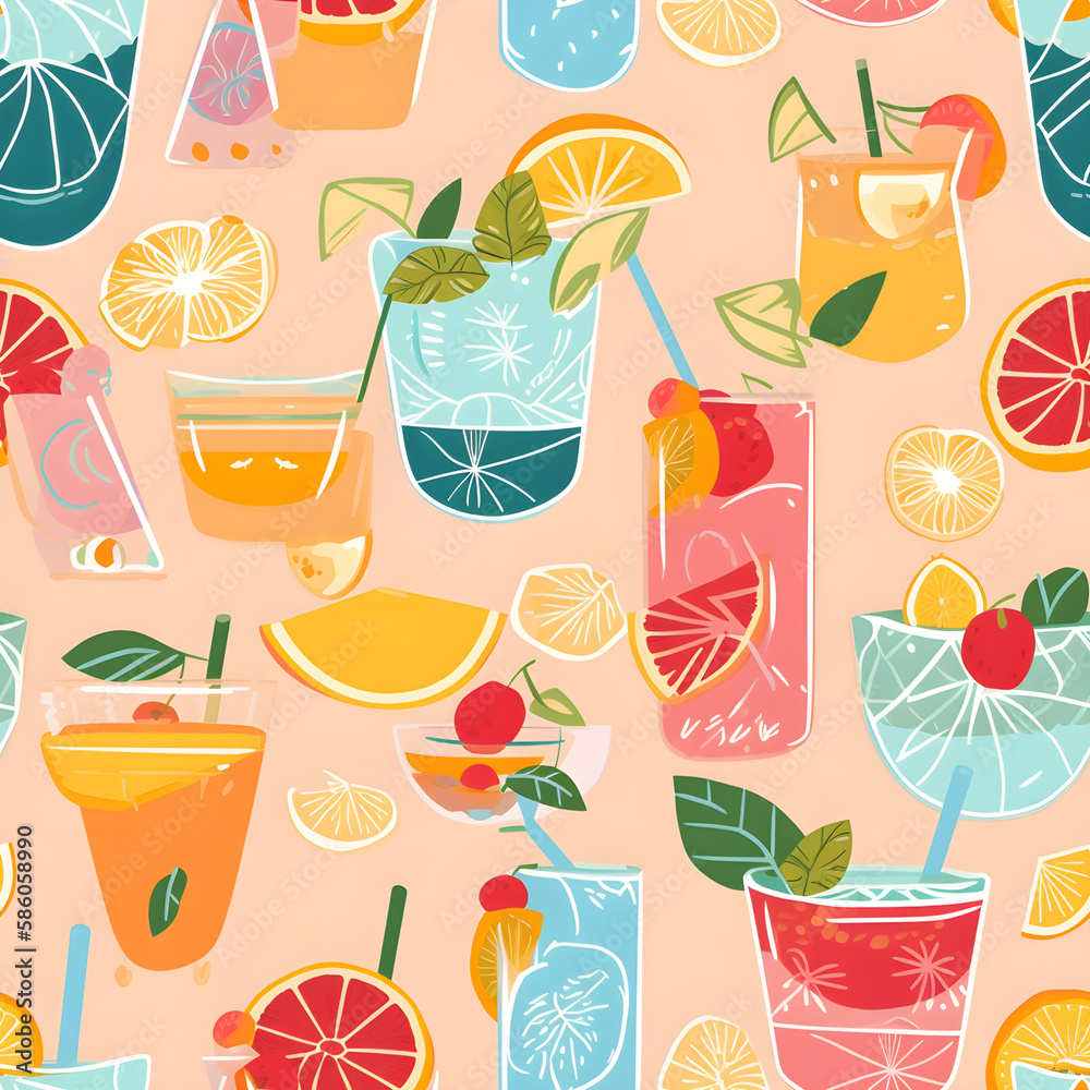 Seamless pattern with cocktails on orange background. Generative AI Seamless pattern with cocktails on orange background. Generative AI