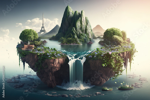 Ecology concept of green energy. Green island floating in the sky, complete with a mountain, a river, and a waterfall. Generated Ai 