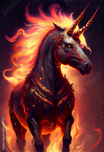 flaming red domineering and mighty golden horse Generative AI © Ralf