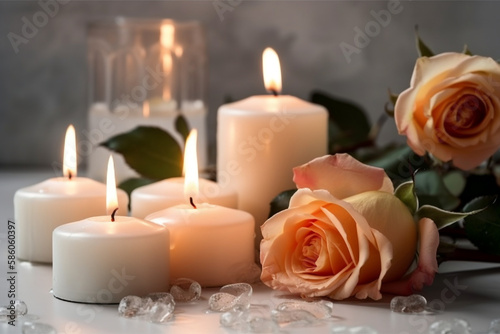 candle and roses  white background. generative ai