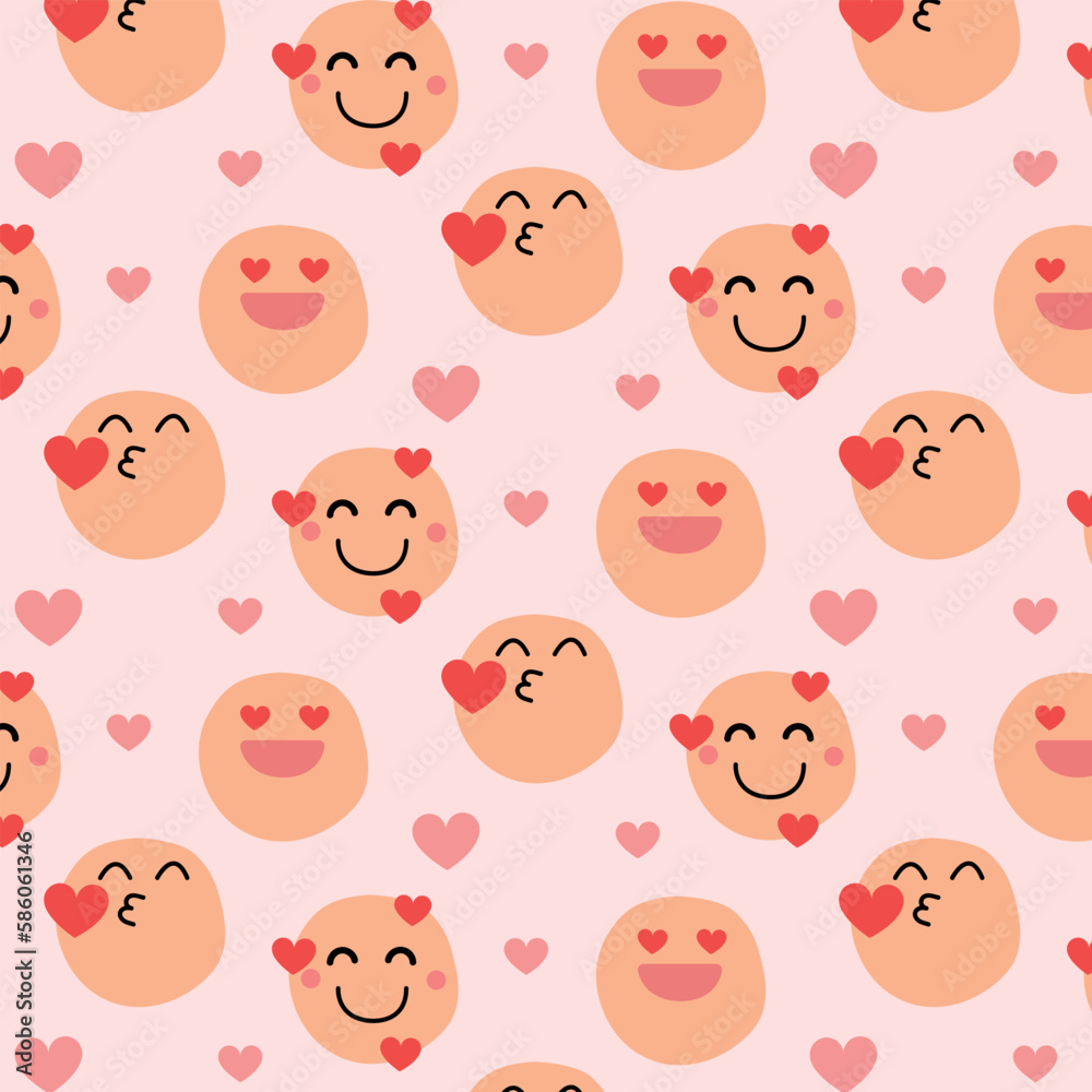 Happy face cartoon with red hearts background, Cute cartoon pattern. Happy face cartoon with red hearts background, Cute cartoon pattern.