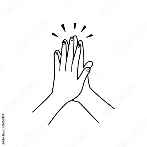 Two hands clapping in high five gesture, Line drawing of high five hands concept, High five icon.