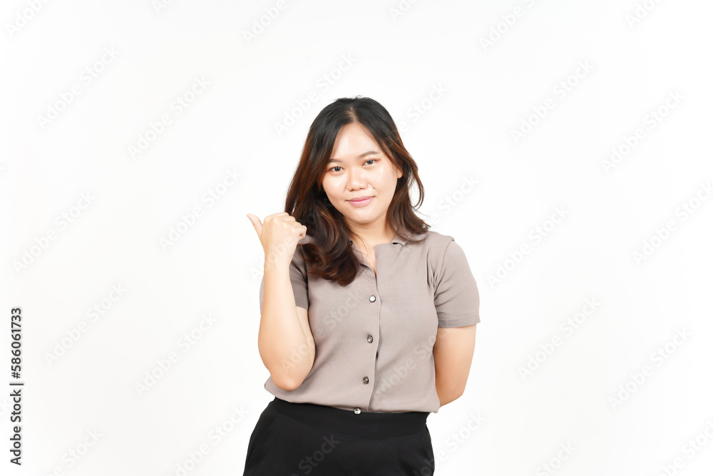 Presenting and Pointing Side Product Using Thumb Of Beautiful Asian Woman Isolated On White Presenting and Pointing Side Product Using Thumb Of Beautiful Asian Woman Isolated On White