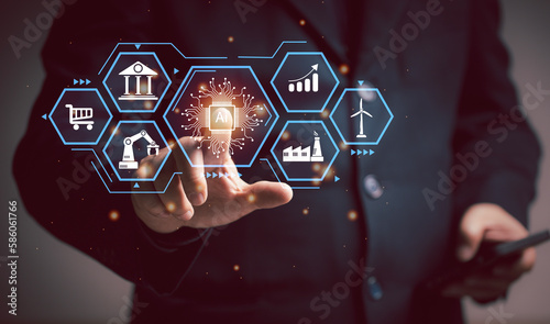 Concept of Artificial Intelligence. Man use AI technology to interact and assist with various processing needs of users, industry, finance, banking, education, agriculture, music.