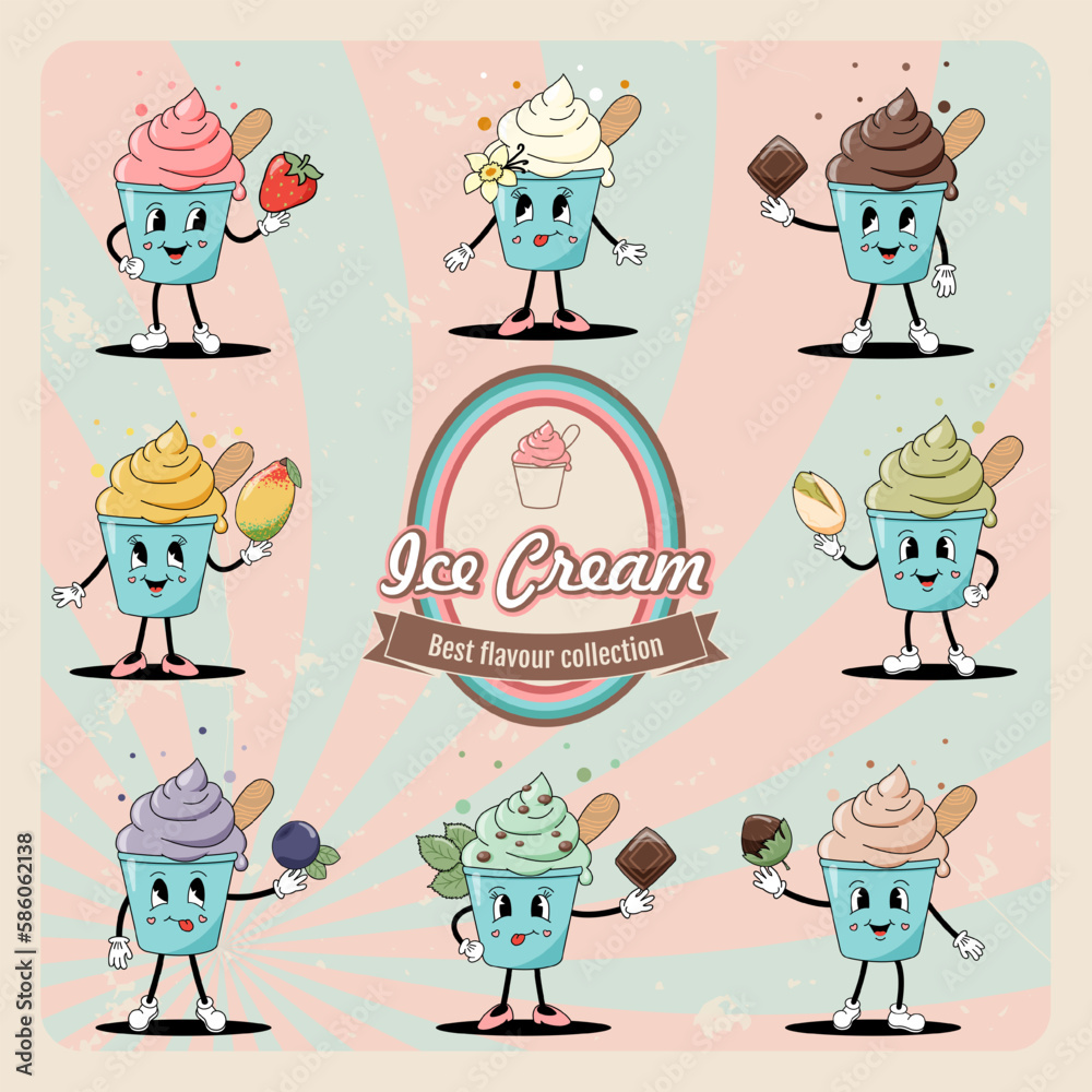 A set of ice creams in a cup with popular flavors. Cute cartoon character from the 60s, 70s. Retro style.