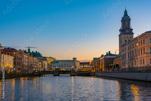 Sunset view of Big harbour channel (stora hamnkanalen) in swedish city Goteborg photo