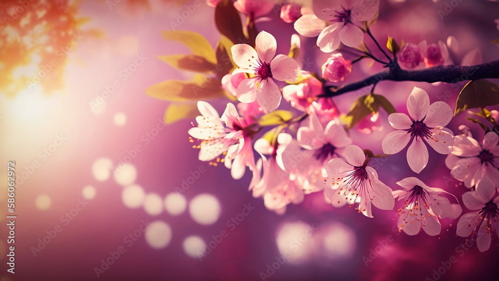 Spring blossom tree pink flowers and cherry blooming with Generative AI.