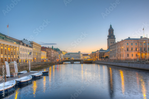 Sunset view of Big harbour channel (stora hamnkanalen) in swedish city Goteborg photo