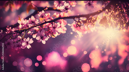 Spring blossom tree pink flowers and cherry blooming with Generative AI.