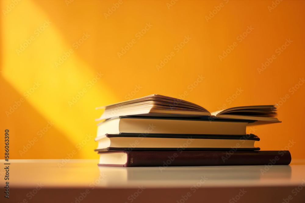 Fototapeta premium Many books on a wooden table and a orange background. back to school. Education. Generative AI.