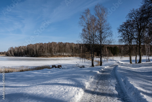 rural landscape with a frozen lake and a forest and a house on a sunny winter day in the suburbs of Veliky Novgorod © константин константи