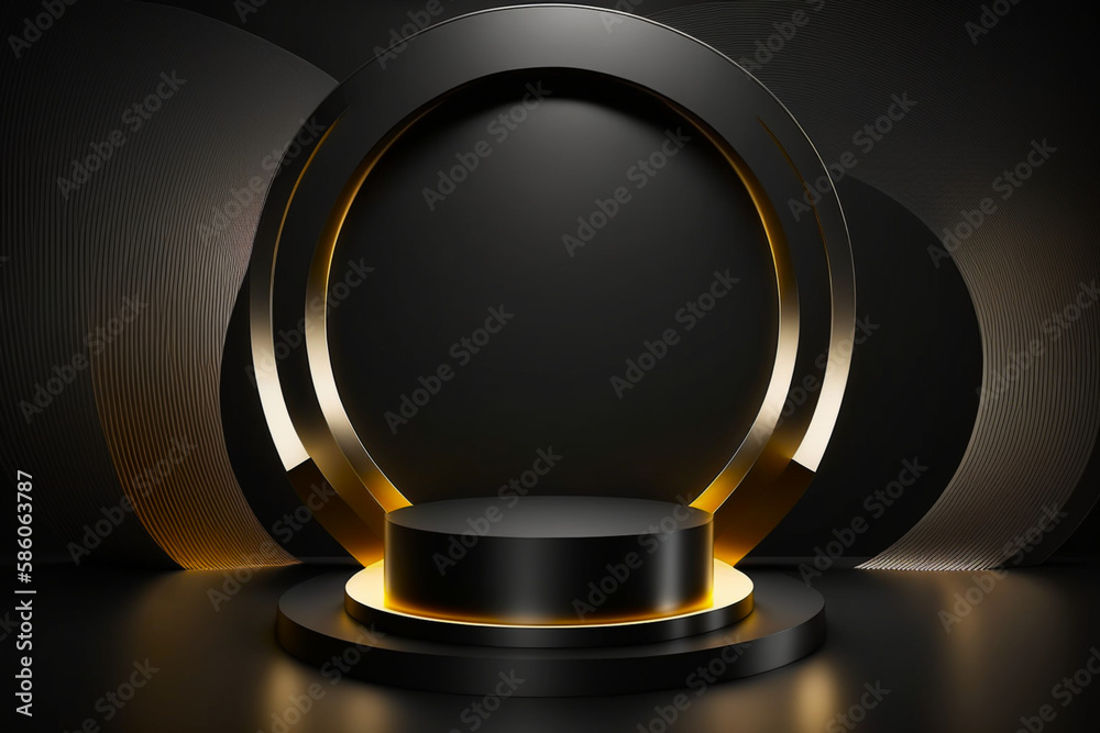 Empty gold and black podium scene for product presentation or for cosmetic products, new luxury modern design with beautiful background. Generative AI