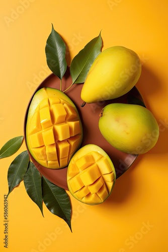 Mango composition on yellow background. Generative AI