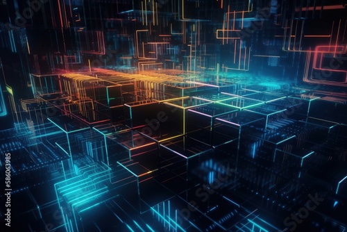 futuristic abstract background with glowing cubes and lines created with Generative AI technology
