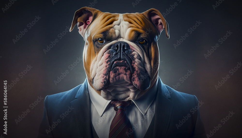 Portrait of bulldog dressed in a formal business suit on isolated background, modern wallpaper, screensaver. Generative AI