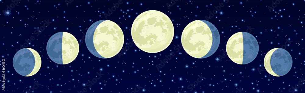 Phases of the moon against dark starry sky. Space background.Vector cartoon astrological illustration for the lunar calendar. 