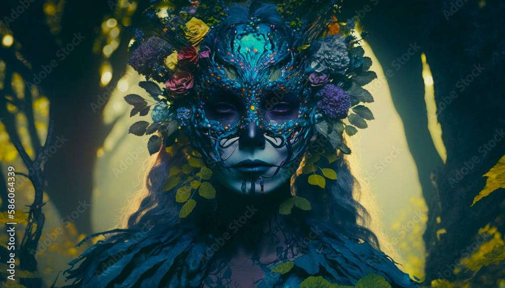 beautiful black forest witch wearing flowers mask on face on a dakr night forest background, portrait of a beautiful woman with stylish make- up design. Generative AI