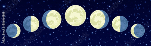 Phases of the moon against dark starry sky. Space background.Vector cartoon astrological illustration for the lunar calendar. 