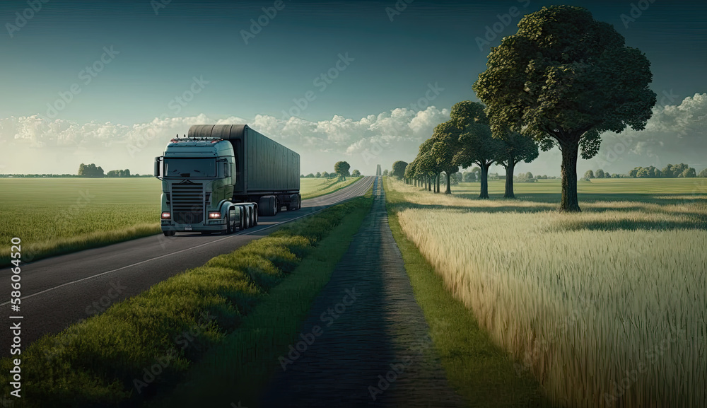 A long-range truck drives along the road against the backdrop of green fields and trees, generative ai