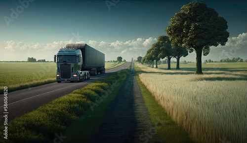 A long-range truck drives along the road against the backdrop of green fields and trees, generative ai