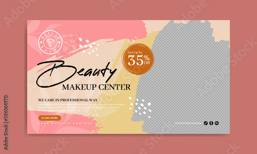 Natural beauty spa and salon business marketing web banner with social media icon. Cosmetic treatment video thumbnail. Skin and body fitness massage service promotion post or flyer with brush stroke.