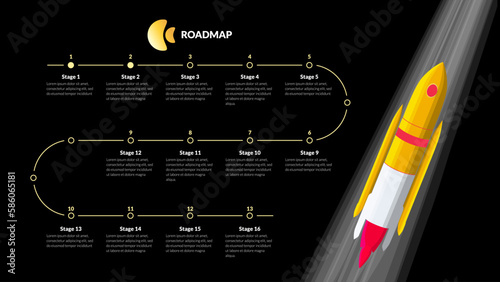 Roadmap with milestones on golden winding line and flying rocket on black background. Horizontal infographic timeline template for presentation. Vector.