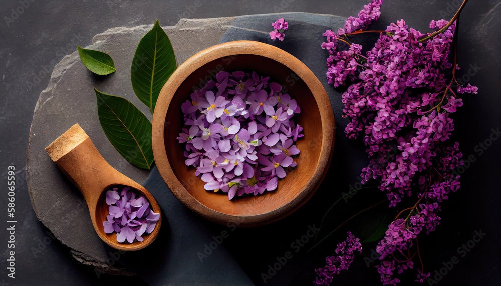 Spa and wellness composition with perfumed lilac flowers in wooden bowl and terry towel, aromatherapy with Generative AI Technology Spa and wellness composition with perfumed lilac flowers in wooden bowl and terry towel, aromatherapy with Generative AI Technology