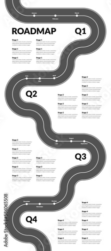 Yearly roadmap with quarter milestones and winding road on white background. Vertical infographic timeline template for presentation. Vector.