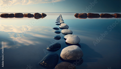 Row of stones in calm water in the wide ocean - concept of meditation with Generative AI Technology