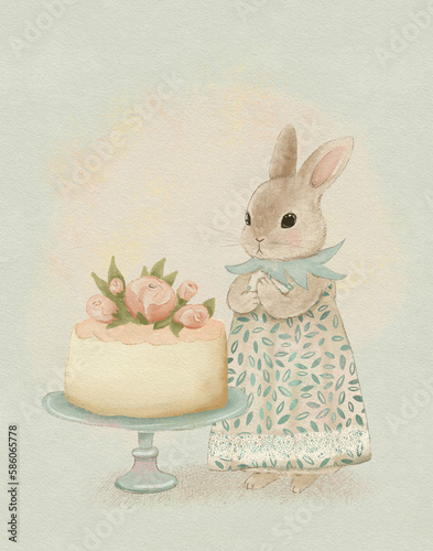 Canvas Print Pastel vintage bunny drawing, easter bunny, shabby chic drawing, illustration fo