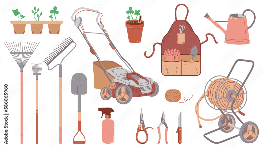 Set illustrations of useful gardening and yard care tools. Lawn