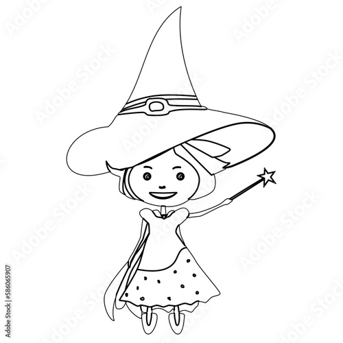 Black outline sorceress in dress and witches hat and magic wand in hand isolated on white background. Design element.