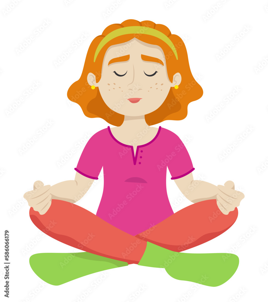 Woman in lotus position. Female character in cartoon style. Woman in lotus position. Female character in cartoon style.