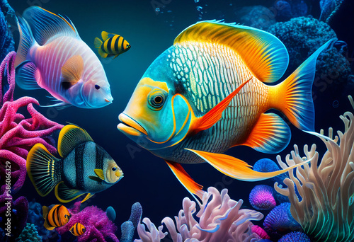 Corals and fish. Underwater world illustration. AI generative. © John Design