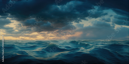 Pacific ocean storm with turbulent waves near dusk, deep blue sea, thunderstorm rain clouds forming, fading sunlight, dangerous surf, dark overcast mood - generative AI
