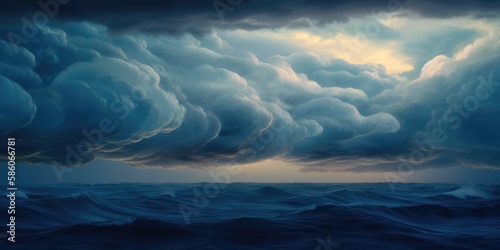 Pacific ocean storm with turbulent waves near dusk, deep blue sea, thunderstorm rain clouds forming, fading sunlight, dangerous surf, dark overcast mood - generative AI